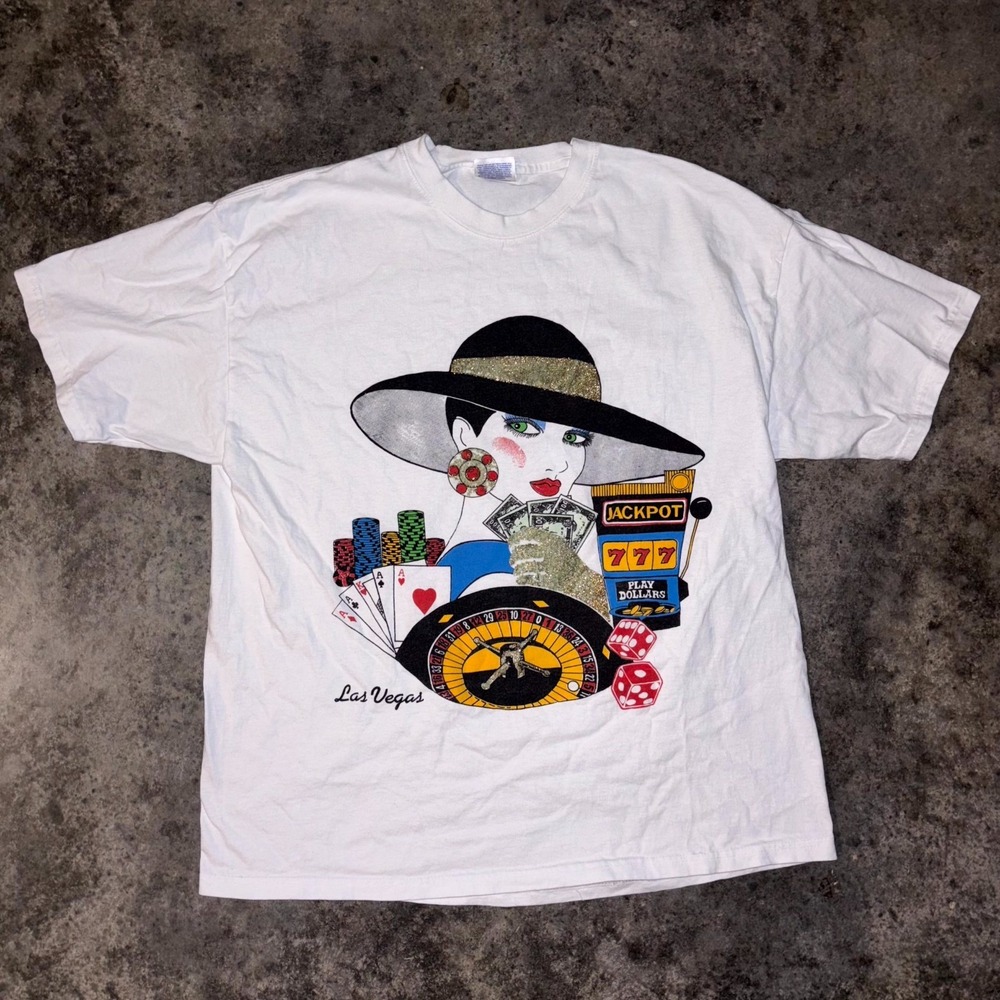 Vintage Hanes Comfort T Shirt Men XL 46-48 White Las Vegas Casino Themed Graphic